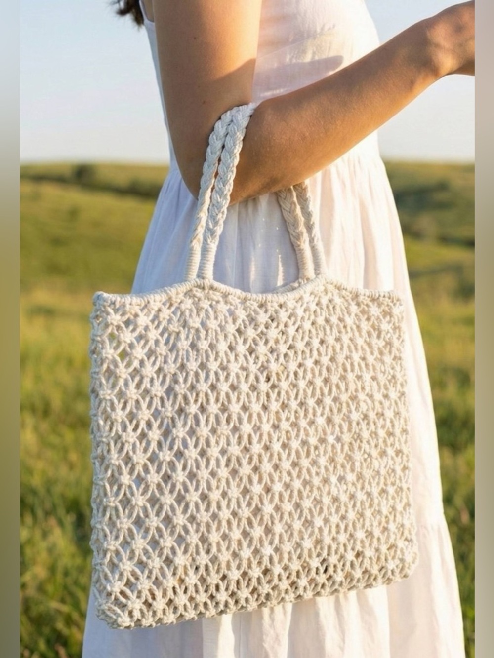 ❤️Hello Gorgeous! Fame Braided Square Spring Summer Tote Bag - Ivory